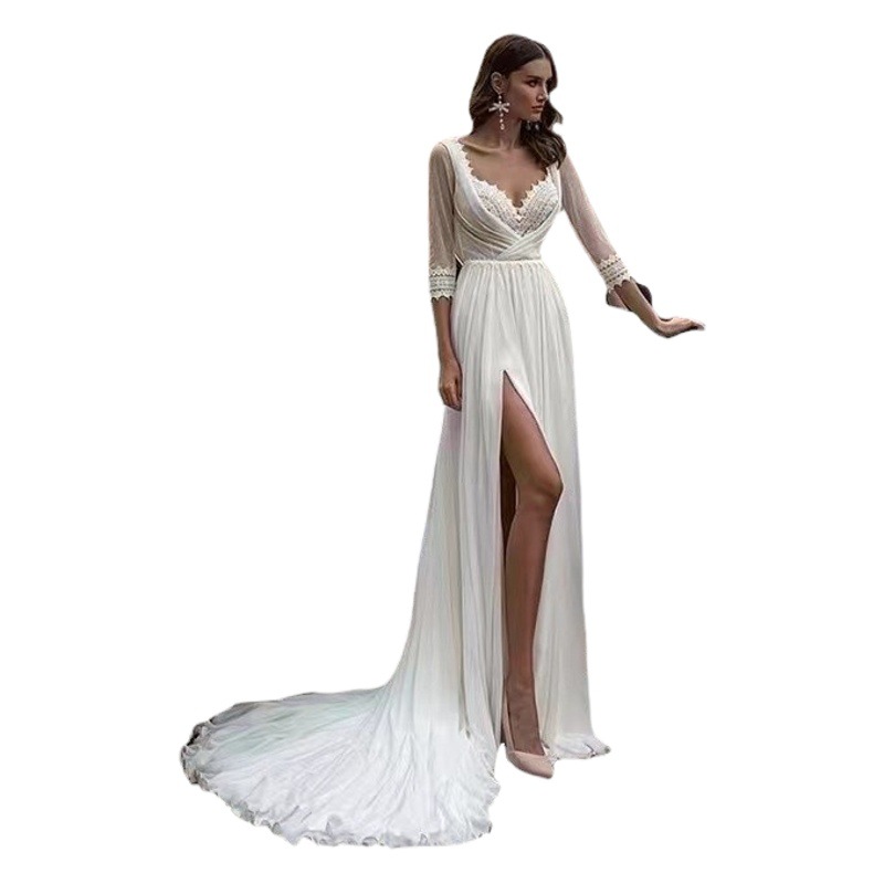 Vestido de Noche Elegante Estilo Otoño 2025, Escote Profundo en V, Corte Entallado, Color Blanco, Estilo Simple con Cola Larga, Suministro de Fábrica