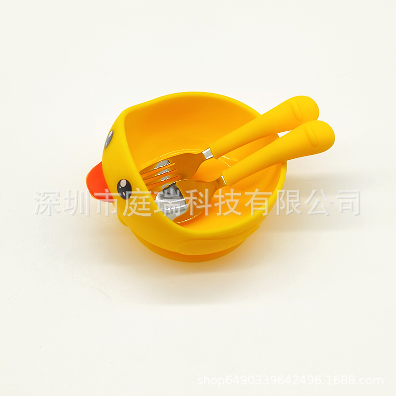 Cuenco de silicona pato suplemento alimenticio Tazón traje 316 tenedor cuchara lindo pollo lechón tazón de bebé resistente a la caída Tazón de cuchara traje