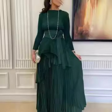 Vêtements pour femmes grande jupe cravate plissée taille haut costume deux pièces vêtements pour femmes automne nouvelle couleur unie_voghion.com