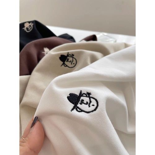 Simple velvet ribbed embroidery round neck slimming T-shirt for women, super soft and versatile, crew neck, loose long sleeve base shirt, trendy