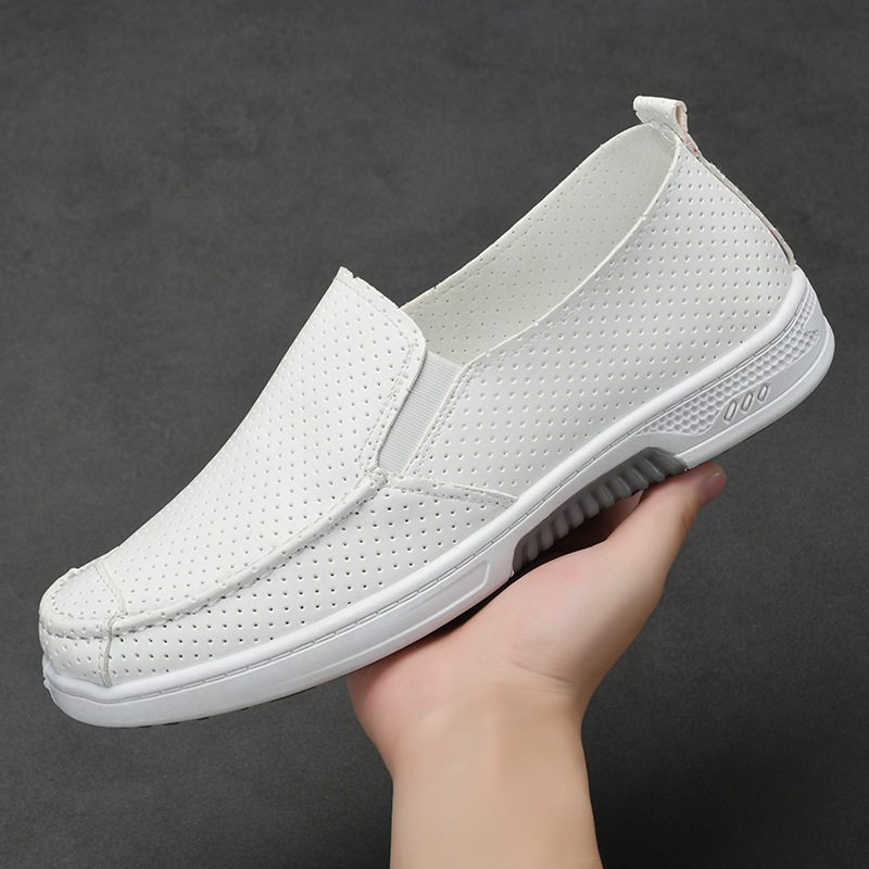 White Shoes Men's Nurses Shoes Perforated Breathable Non-Slip Wear-Resistant Casual Leg Flat Board Shoes Men's Leather Shoes Hole Shoes