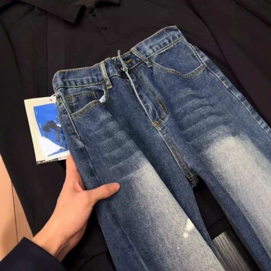 Men's Black Washed Denim Jeans Clean Fit Straight Leg Paint Splatter Print Vintage High Street Vibe Versatile Styling Base_voghion.com