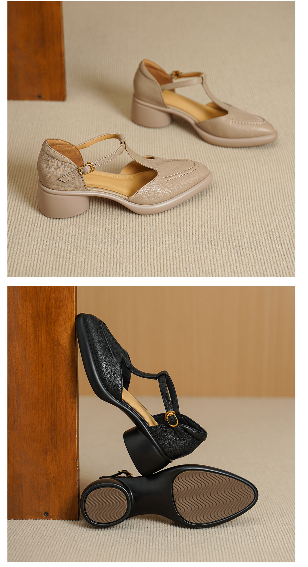 Sandal nữ quai chữ T gót vuông 5 cm mũi kín hở gót phong cách vintage — đen chi tiết 12