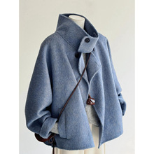 蓝色毛呢外套女冬季大码2025高级感穿搭超好看短款呢子大衣超好看