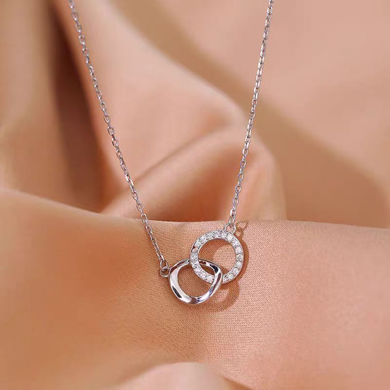 环环相扣项链S925纯银镀金双环吊坠轻奢法式小众锁骨链女跨境新款