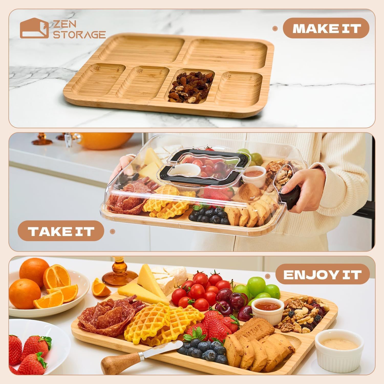 Bamboo Compartmented Tray with Acrylic Transparent Lid, Divided into Compartments for Home Use, Parties, Gatherings, Pastries, Fruits, and Snacks