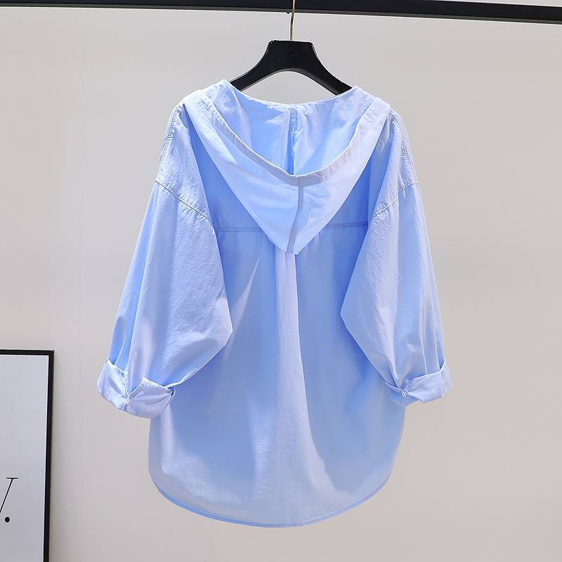 light blue Cotton Shirt Women's Loose Hooded Shirt Sunscreen Shirt 2025 Spring Literary Casual Top Cardigan
