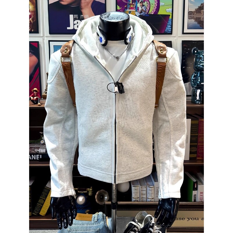 White and Gray Short Shoulder-Length Jacket for Men, Autumn American High Street Motorcycle Style, High-End Hooded Sweatshirt White and Gray Short Shoulder-Length Jacket for Men, Autumn American High Street Motorcycle Style, High-End Hooded Sweatshirt