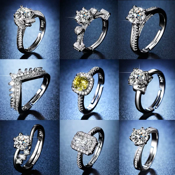 Live supply light luxury design European and American fashion diamond imitation moissanite 1 karat opening zircon ring women Wholesale