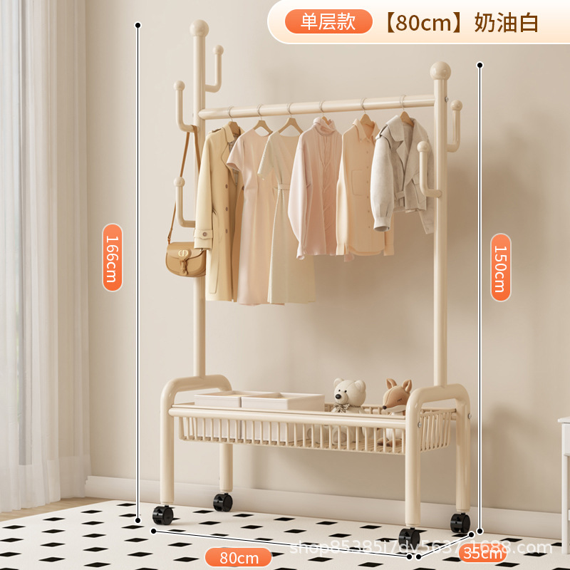 80cm 크림 화이트 단층 메쉬 바구니丨6 후크 + 금속 캐스터 휠