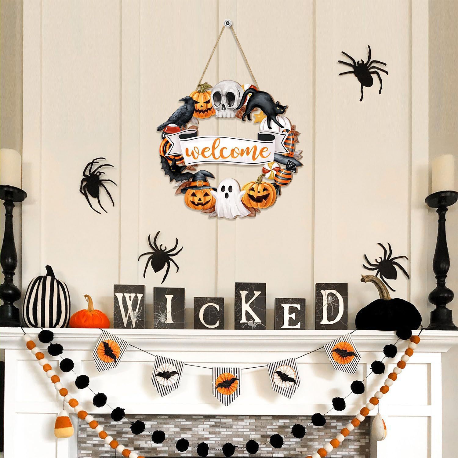 Cross-border Halloween corona de madera fantasma gato negro calabaza esqueleto puerta lista decoración fiesta de Halloween suministros de bienvenida