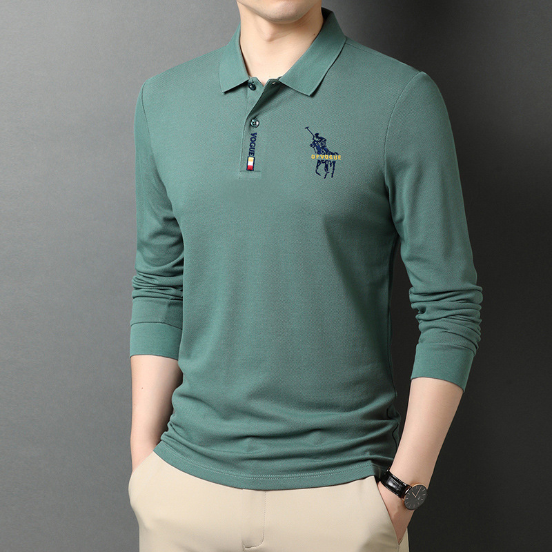Camiseta de manga larga de los hombres camisa de polo de solapa de color sólido 2023 primavera y otoño bordado de negocios superior camisa de fondo camiseta de los hombres