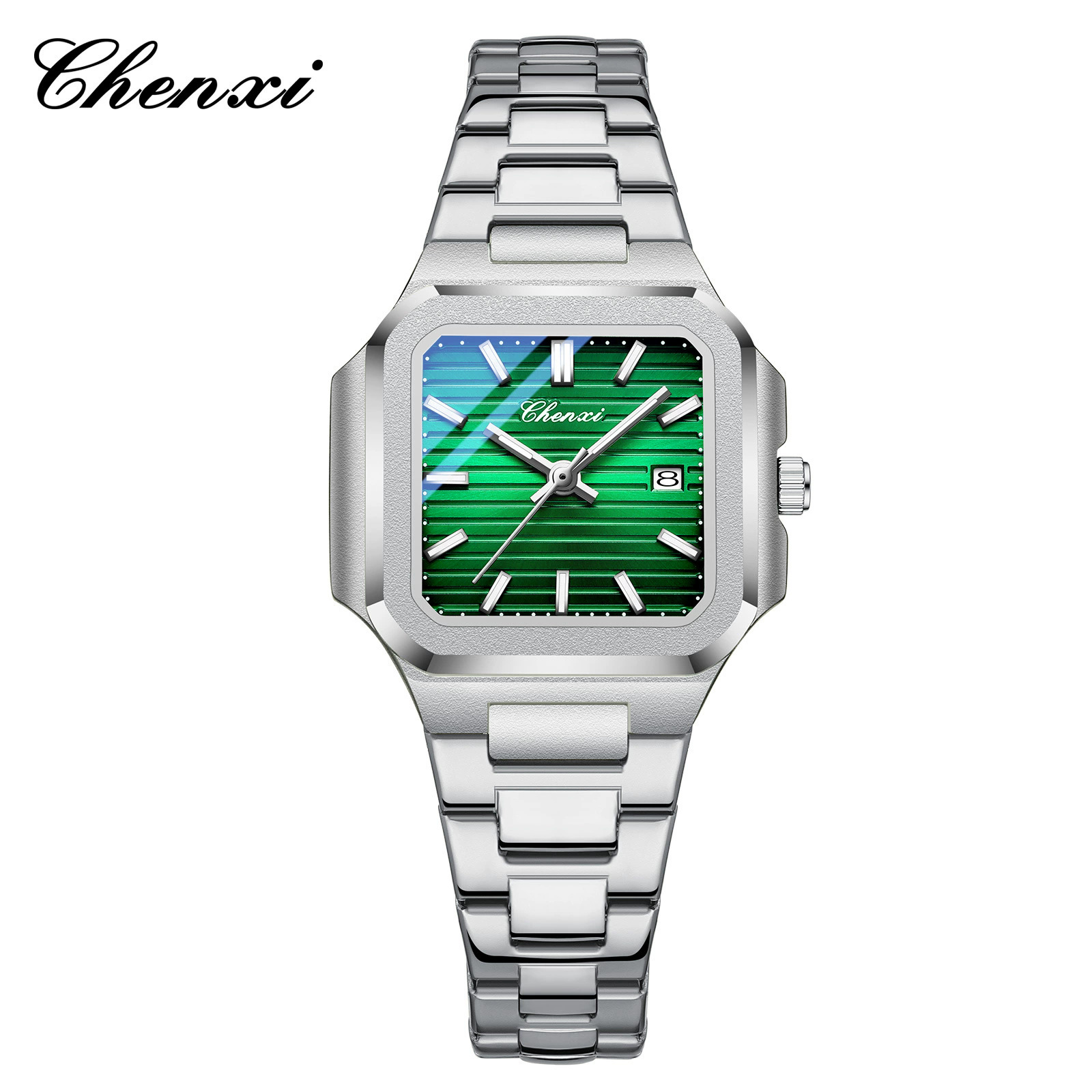 실버 케이스 그린 스틸 밴드 - 여성용