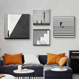 现代简约工业风黑白建筑人物摄影北欧艺术组合装饰画图片帆布画芯