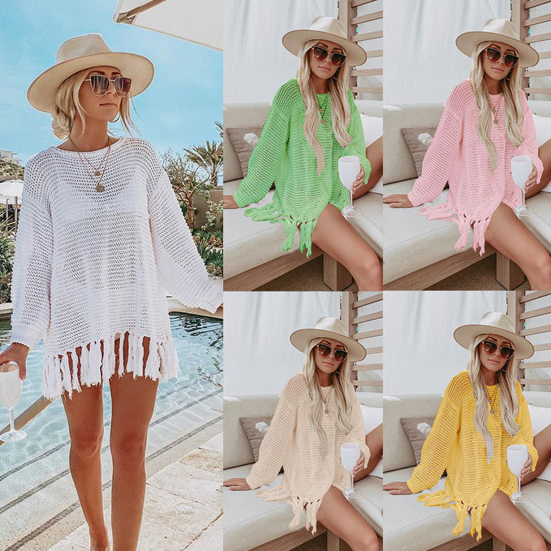 European and American hollow-out knitted tassel beach blouse seaside vacation bikini blouse swimsuit outdoor sun protection clothing for women