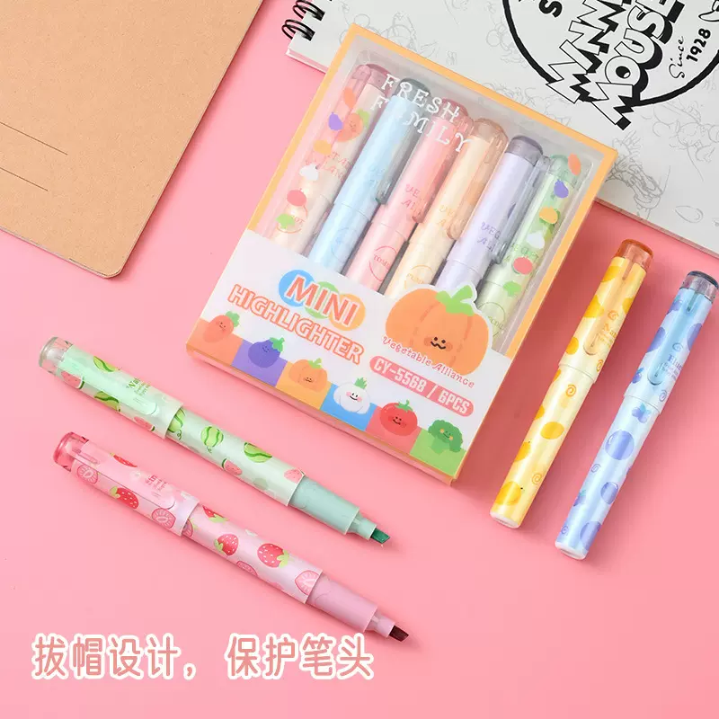 6色水果荧光笔超软头护眼色标记可爱水果笔身记号笔荧光笔套装
