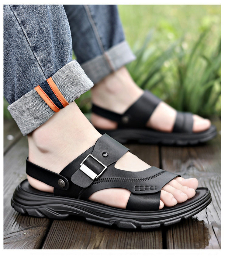 Dép sandal nam quai ngang đế bằng mềm nhẹ thoáng khí kiểu hai cách mang — Màu nâu, màu đen chi tiết 29