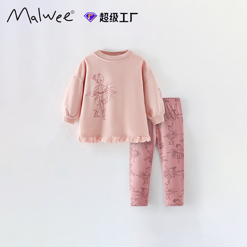 Trajes de niñas malwee transfronterizos otoño y invierno nuevos niños europeos y estadounidenses cuello redondo manga larga lindos dos juegos de niñas pequeñas