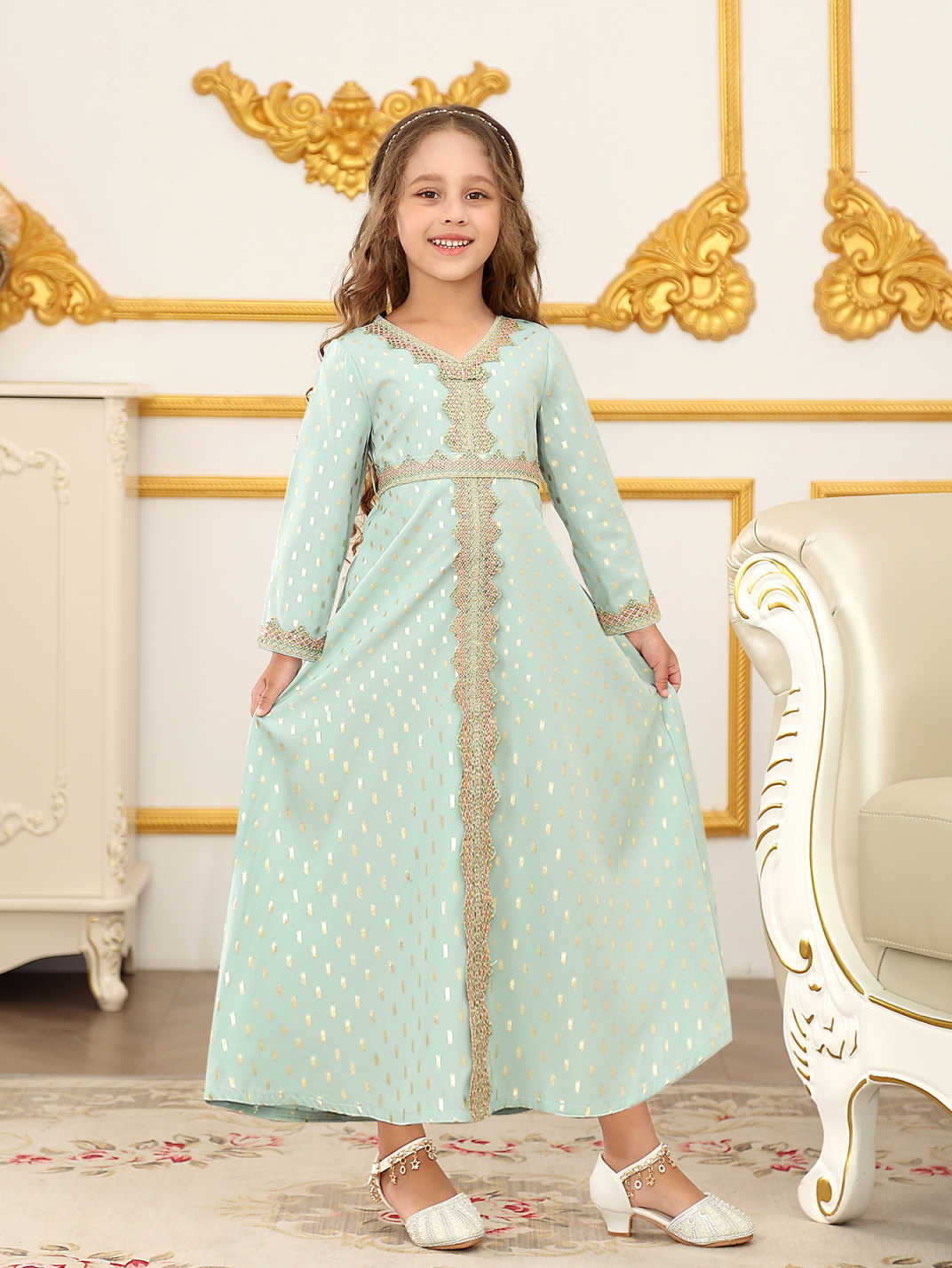 Nuevo vestido largo de impresión de niñas de encaje largo transfronterizo vestido infantil vestido de mangas largas vestido de niña