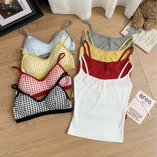 Hot Girl Printed Plaid Splicing Two-Piece Camisole with Breast Pads Sexy Pure Desire Slim Bottoming Wrapped Chest and Beautiful Back
