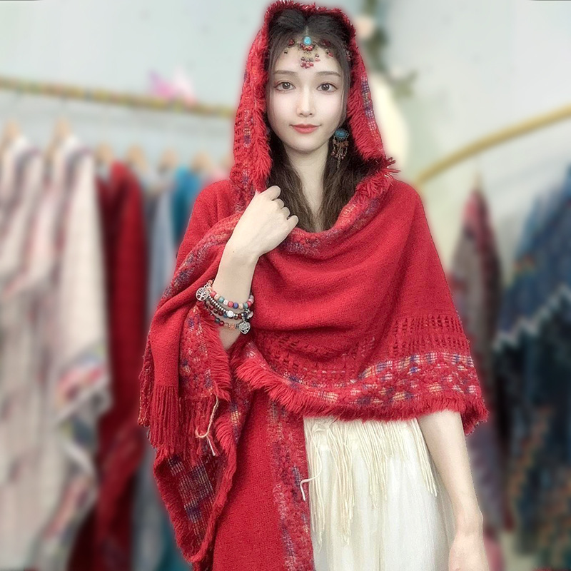 旅游民族风连帽披肩女外搭新疆云南波西米亚空调房流苏针织衫斗篷|undefined