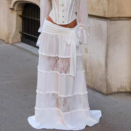 跨境美女装新款白色蕾丝半身裙女高腰显瘦拖地纱网拼接蛋糕长裙