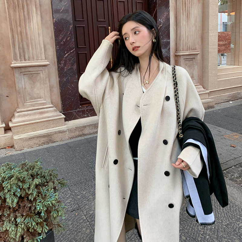 2025 Spring and Autumn New Stand Collar Double-Sided Cashmere Coat Women's Long Cocoon-Shaped Alpaca Wool Popular Woolen Coat