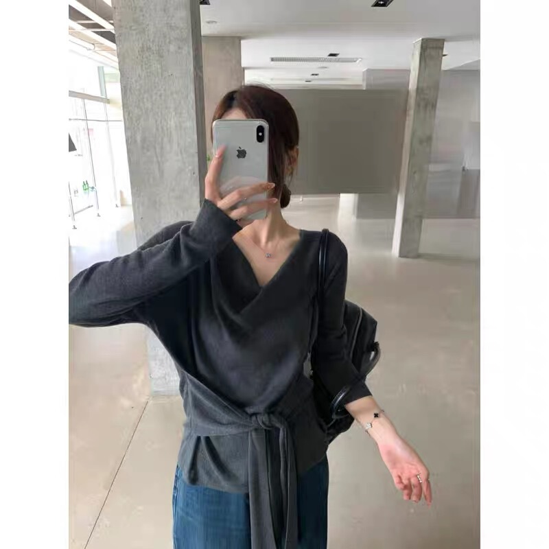 韩系设计感气质简约荡领系带针织上衣半身裙两件套女秋冬整套穿搭|undefined