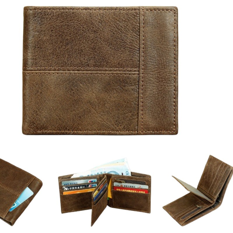 Amazon Men's Genuine Leather Short Wallet Top Layer Cowhide Vintage Leather Handbag Men's Multi-Card Slot Card Bag