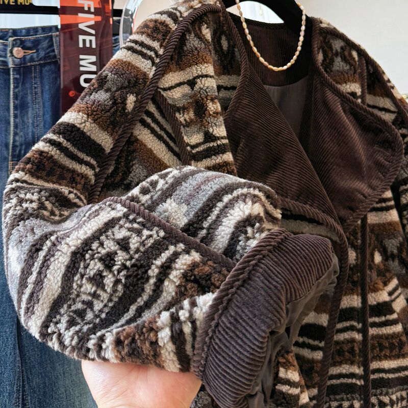 Retro Fair Isle Casual Fleece Short Jacket for Women Autumn and Winter Lazy Style Loose Jacket Top Trendy