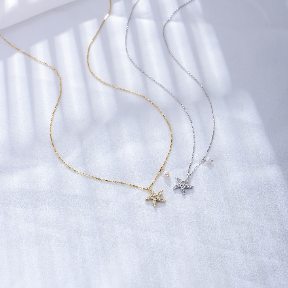 925 Sterling Silver Pendant Material Artificial Pearls, Rhinestones Inlay Material 925 Sterling Silver Artificial Pearls Rhinestones Plating Inlay Starfish Pendant Necklace