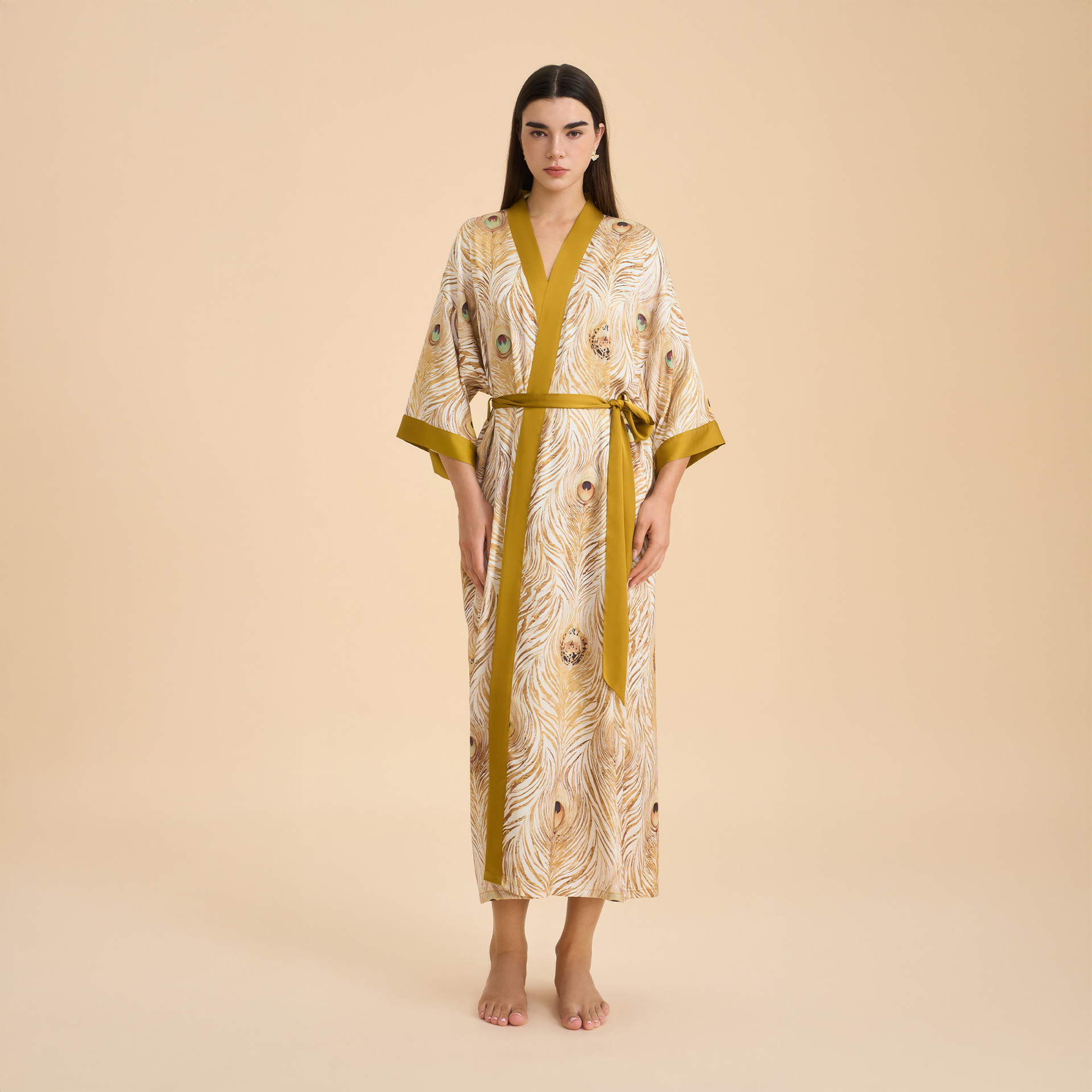 Europa y América pijamas damas primavera y otoño satén chiffon bata de baño impresión desordenada bata de dormir cómoda ropa larga para el hogar WP3976