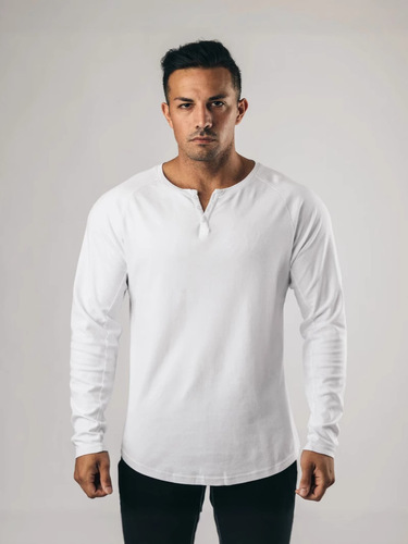 Vintage Henry Shirt Long-Sleeve T-Shirt Solid Color Men's Fitness Base Layer Top Casual Pure Cotton Elastic Thin V-Neck Open Front Men's Clothing