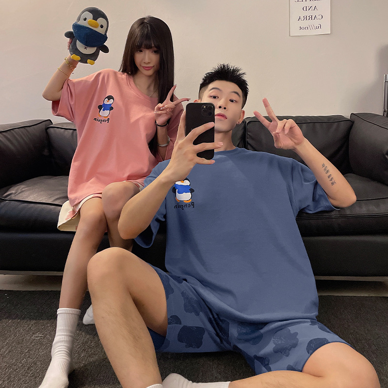 60 Cotton Couple Pajamas Short Sleeve Shorts suit Casual plus size Cotton Men and Women Cartoon Couple suit Home Clothes
