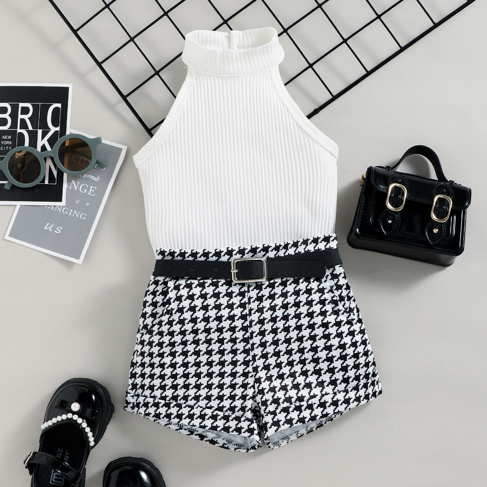 Fashion Houndstooth Stripe Cotton Girls Clothing Sets display picture 3