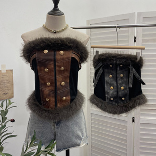 [实拍 毛毛抹胸辣妹双排扣复古纯欲裹胸新款修身短款无袖上衣 1165]