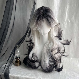 [Yunjianmo] Black and White Explosive Top-Dyed Gradient High-Level Middle-Parted Long Curly Hair King Radiant Impression Hair Artificial Full Hair Set