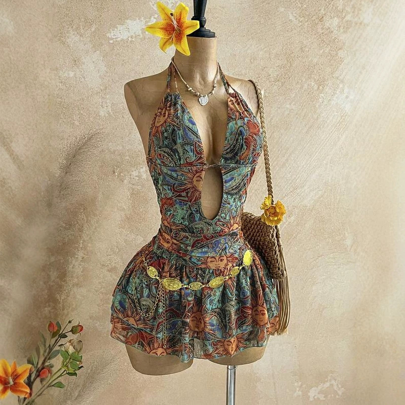 Printed halter neck dress, deep V-neck, hollowed-out waist, bohemian seaside vacation short dress for hot girls Printed halter neck dress, deep V-neck, hollowed-out waist, bohemian seaside vacation short dress for hot girls
