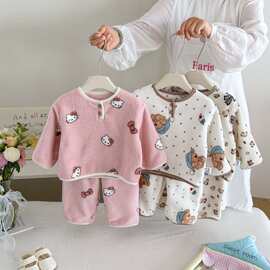 儿童男女孩雪丽绒居家服套装秋冬新款卡通印花婴幼儿保暖外穿衣服