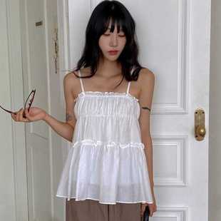 Spring and Summer Korean Style New Sweet Fungus Lace Solid Color Camisole Mid-length Shirt Top for Women