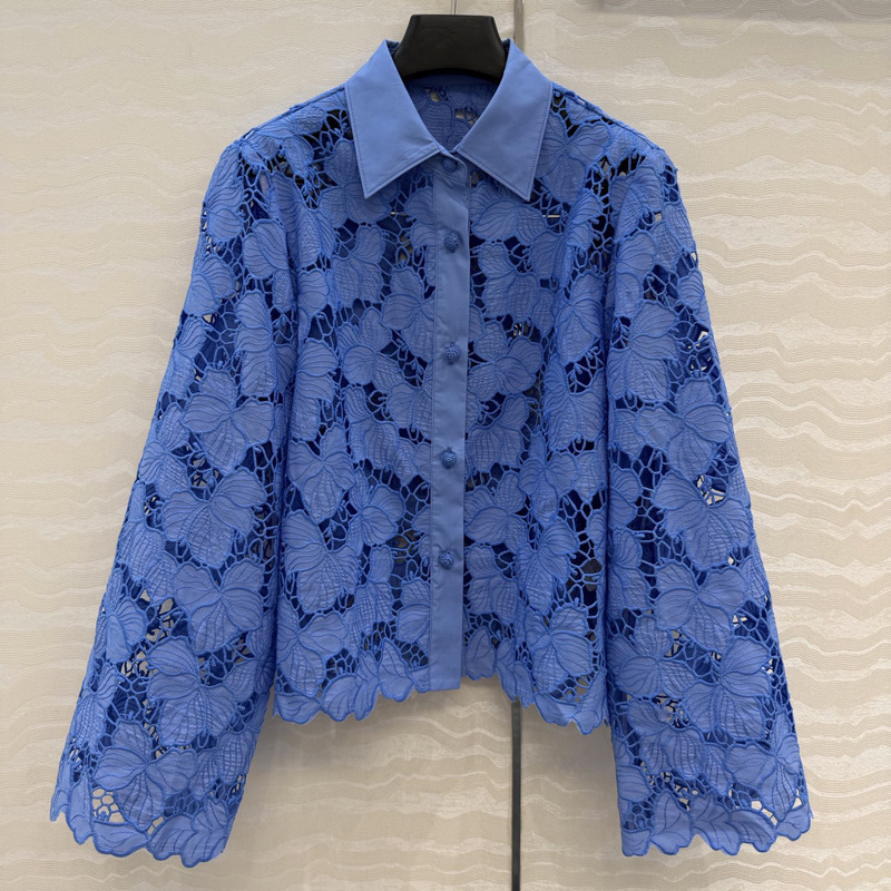 Summer Solid Color Lace Cardigan with a Turn-Down Collar and Hollow-Out Design, Loose Bell-Sleeve Shirt for Women Ac89816