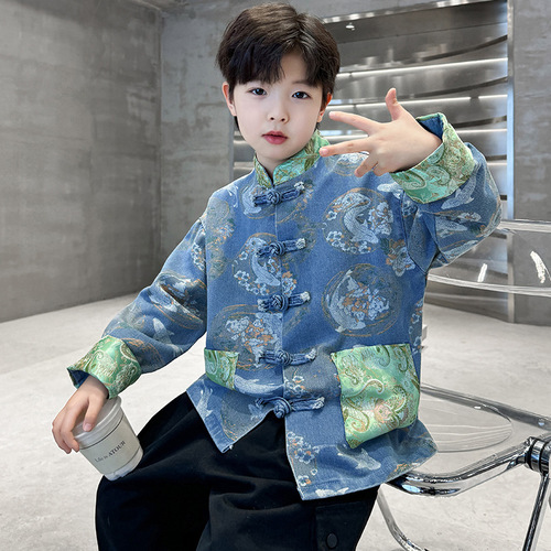 Boys' Hanfu 2024 Spring and Autumn Chinese Style Denim Jacket, Traditional Chinese Children's Nationality Costume Top, Tang-style Formal Dress