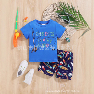 Cross-Border Amazon Ins Aliexpress Boys' Letter Print T-Shirt + Micro-Elastic Sports Shorts Two-Piece Suit for Infants and Children