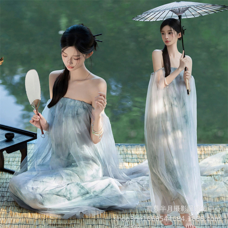 New Chinese style garden style ink painting printing photography theme clothing pregnant women Studio ancient style photo shooting tube top skirt