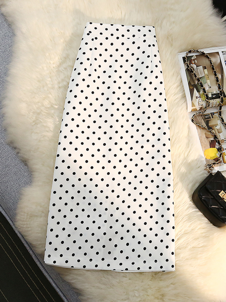 ハイウエスト水玉柄スカート レディース Aライン スリット入りミディ丈 2026夏新作 水玉柄ヒップスカートA 在庫あり