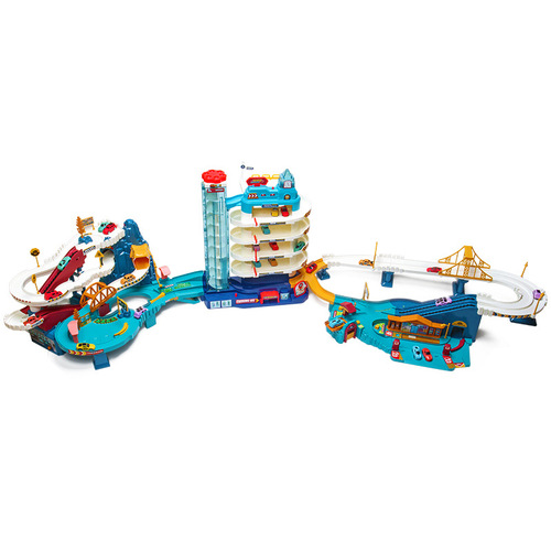 Children's dinosaur winding mountain road city combination rail car adventure parking building educational toy for boys