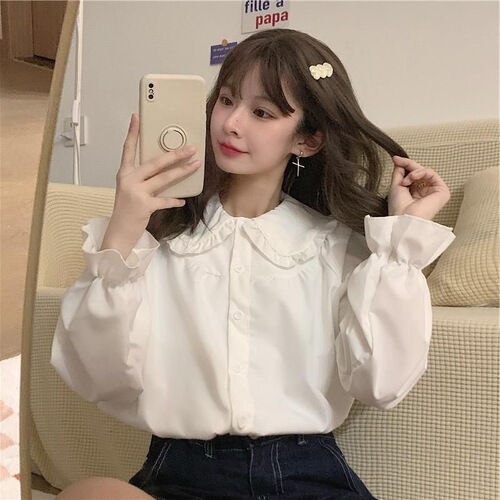 Spring French-style long-sleeved new baby collar blouse for women, student Korean version loose and versatile Japanese design white blouse