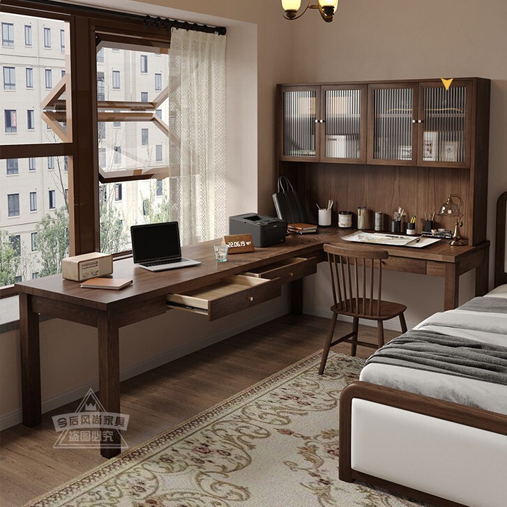 Solid wood corner double desk with drawers and glass cabinet, study corner computer desk, solid wood long study table