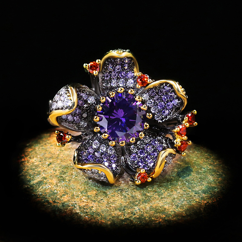 New European And American Personality Flower-shaped Ring Fashion Sun Flower Zircon Ring Black Gold Ring Wholesale