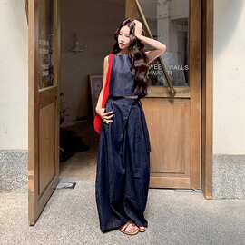 老钱风无袖马甲阔腿裤套装女2026夏季新款深蓝色两件套高级感气质